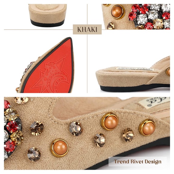 Cherry Rhinestone Khaki Metal Pointed Closed Toe Loafers - Picture 4 of 17